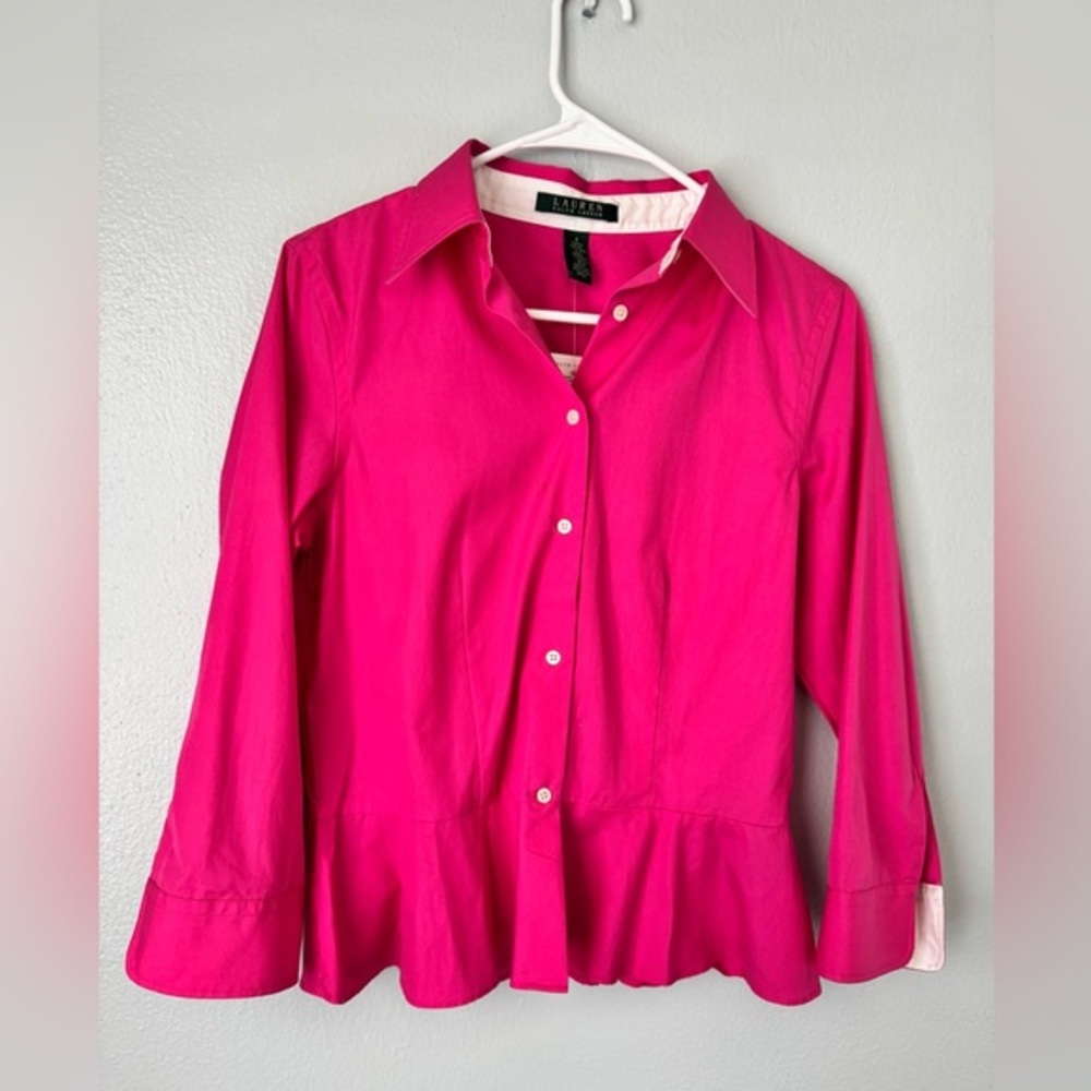 Ralph Lauren Women’s Size 4 NWT Pink Peplum Button Down Blouse $60